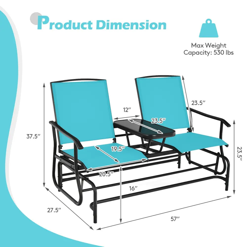 2-Person Double Rocking Loveseat with Mesh Fabric and Center Tempered Glass Table-Turquoise - Turquoise - Patio