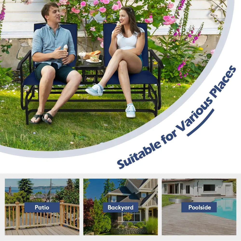 2-Person Double Rocking Loveseat with Mesh Fabric and Center Tempered Glass Table-Navy - Navy - Patio Conversation Sets