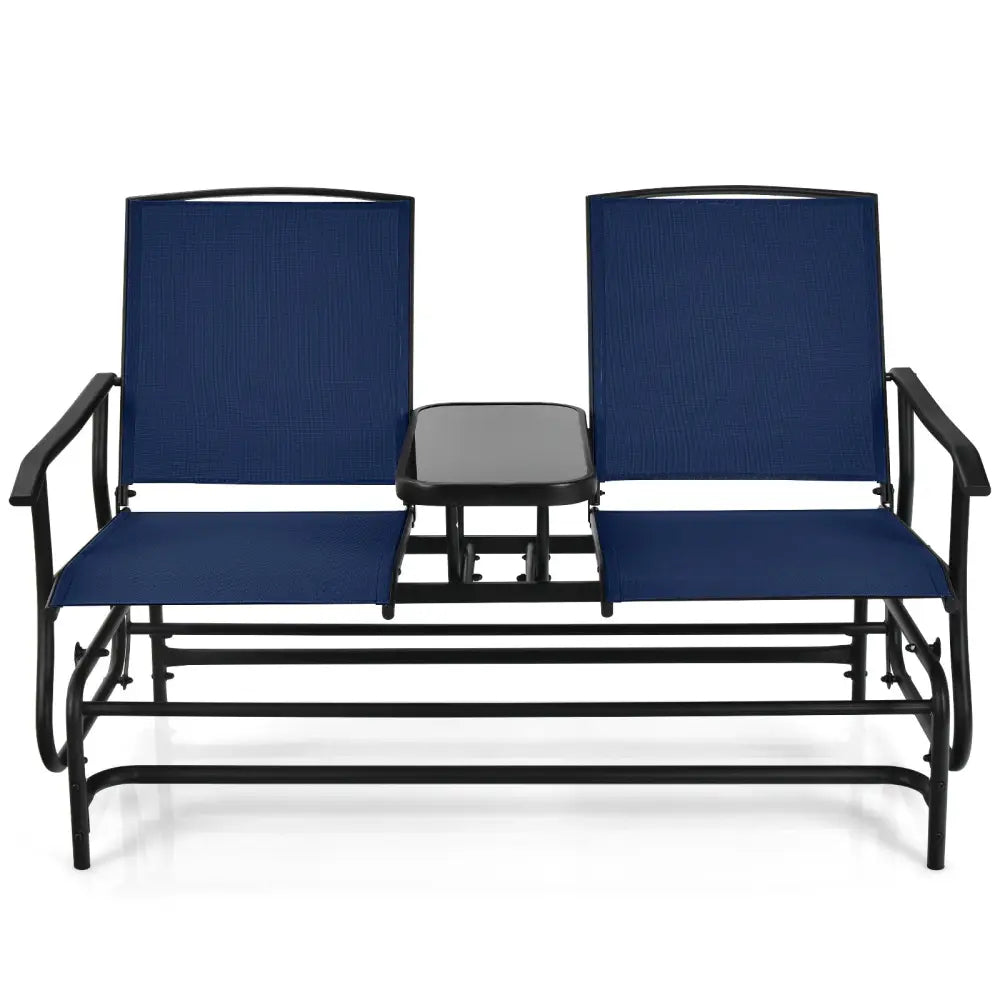 2-Person Double Rocking Loveseat with Mesh Fabric and Center Tempered Glass Table-Navy - Navy - Patio Conversation Sets
