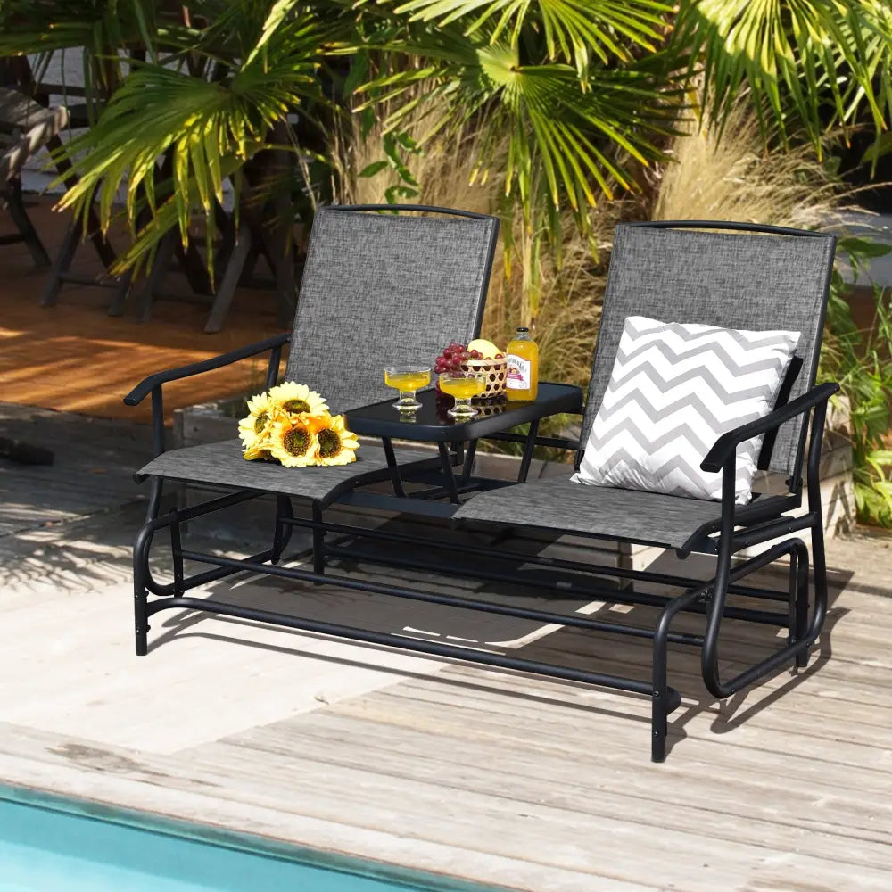 2-Person Double Rocking Loveseat with Mesh Fabric and Center Tempered Glass Table-Gray - Gray - Patio Conversation Sets