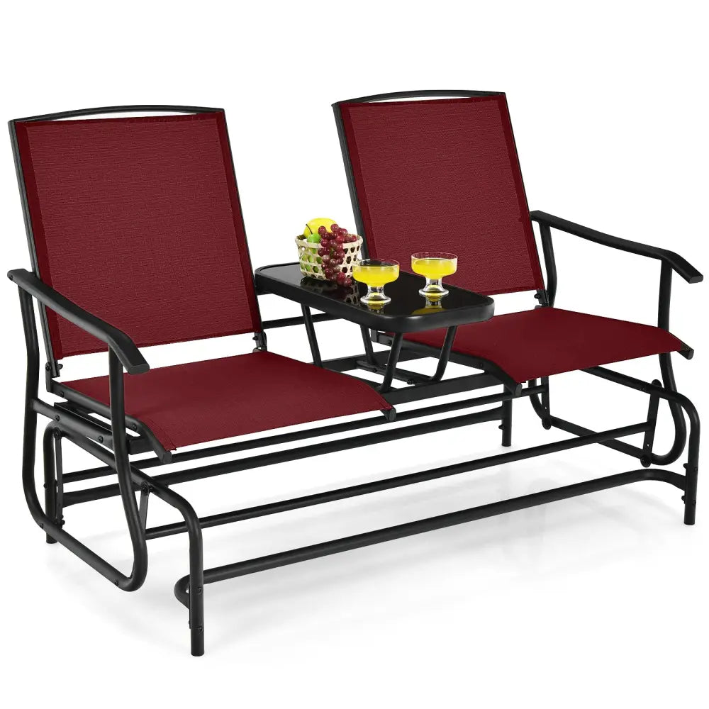 2-Person Double Rocking Loveseat with Mesh Fabric and Center Tempered Glass Table-Red - Red - Patio Conversation Sets