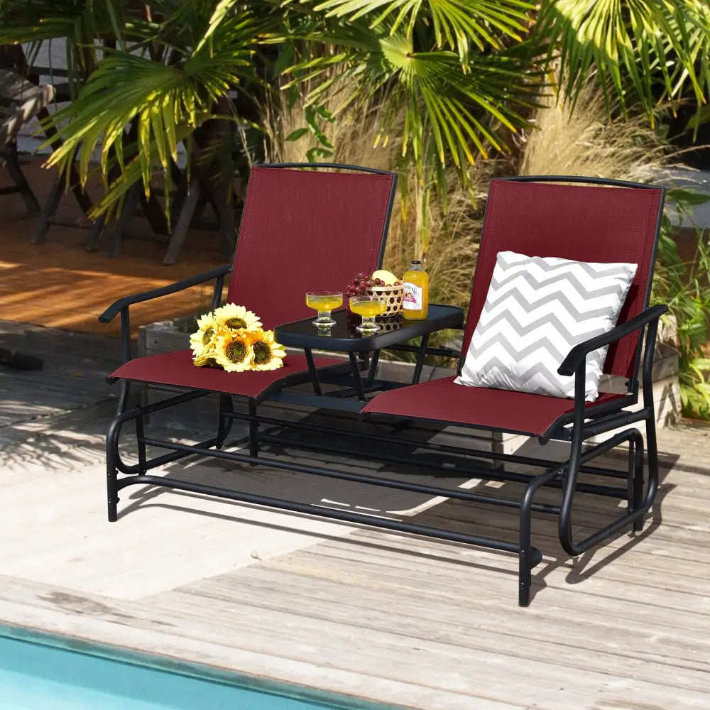 2-Person Double Rocking Loveseat with Mesh Fabric and Center Tempered Glass Table-Red - Red - Patio Conversation Sets
