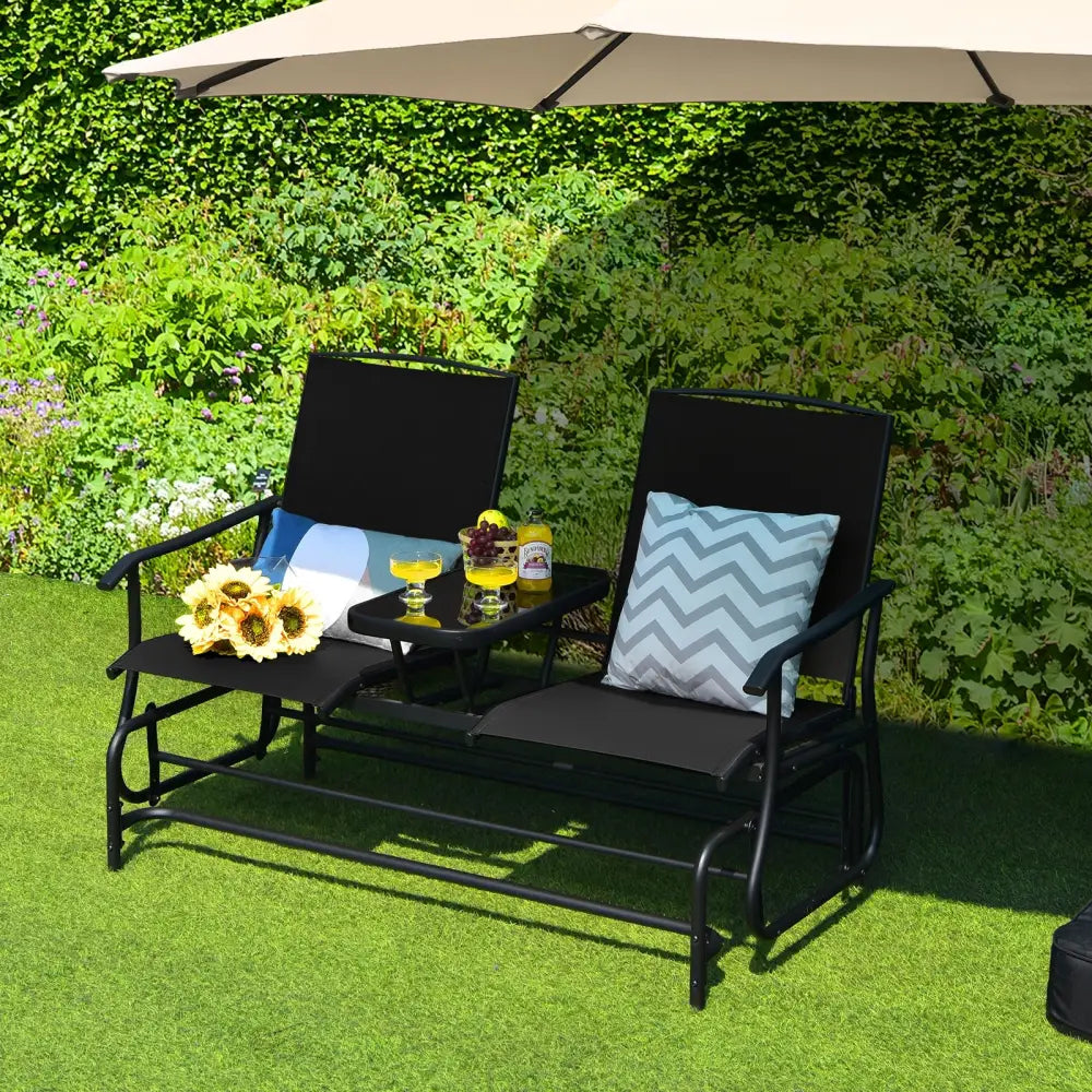 2-Person Double Rocking Loveseat with Mesh Fabric and Center Tempered Glass Table-Black - Black - Patio Conversation