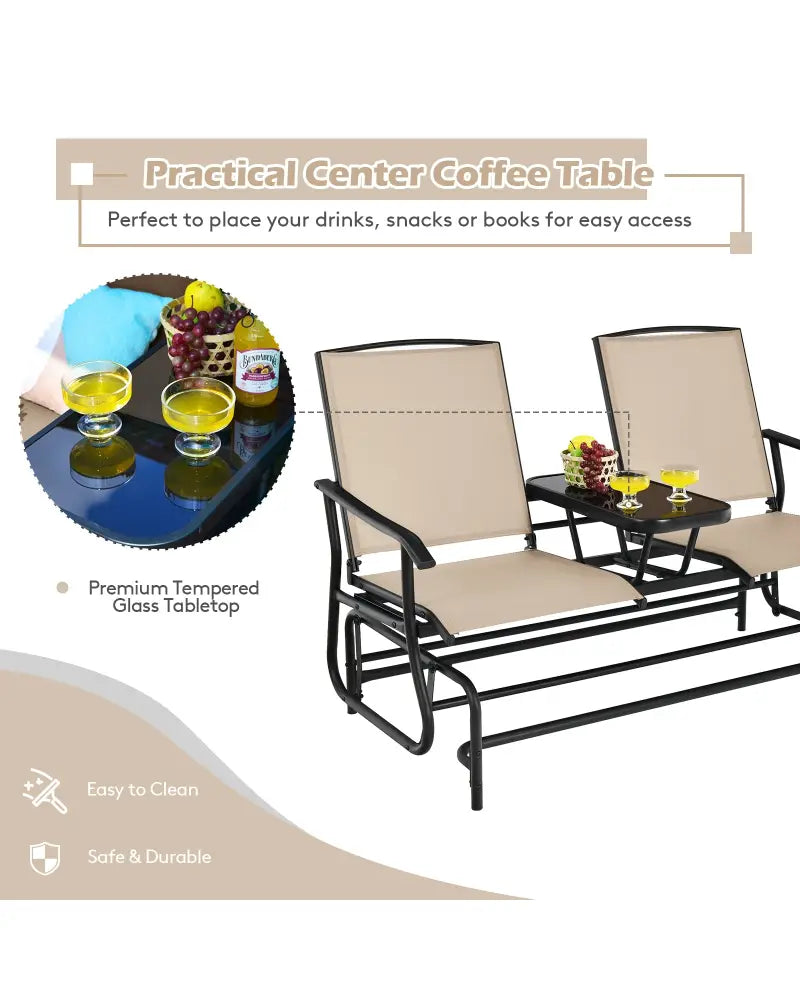 2-Person Double Rocking Loveseat with Mesh Fabric and Center Tempered Glass Table - Beige - Patio Conversation Sets