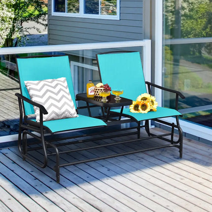 2-Person Double Rocking Loveseat with Mesh Fabric and Center Tempered Glass Table-Turquoise - Turquoise - Patio