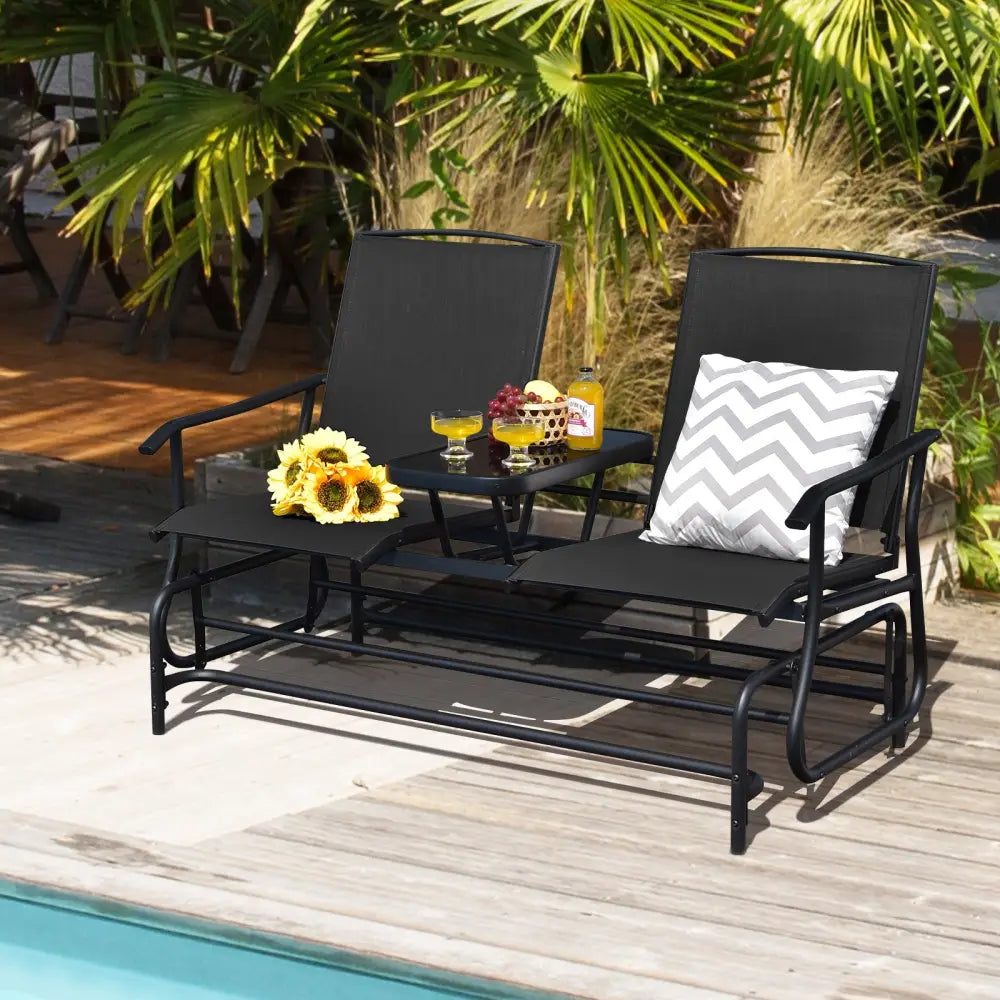 2-Person Double Rocking Loveseat with Mesh Fabric and Center Tempered Glass Table-Black - Black - Patio Conversation