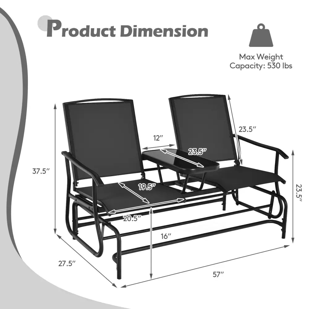 2-Person Double Rocking Loveseat with Mesh Fabric and Center Tempered Glass Table-Black - Black - Patio Conversation