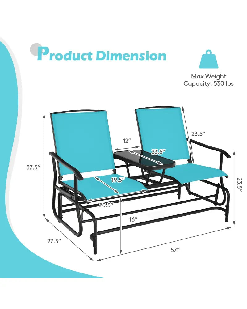 2-Person Double Rocking Loveseat with Mesh Fabric and Center Tempered Glass Table-Turquoise - Turquoise - Patio