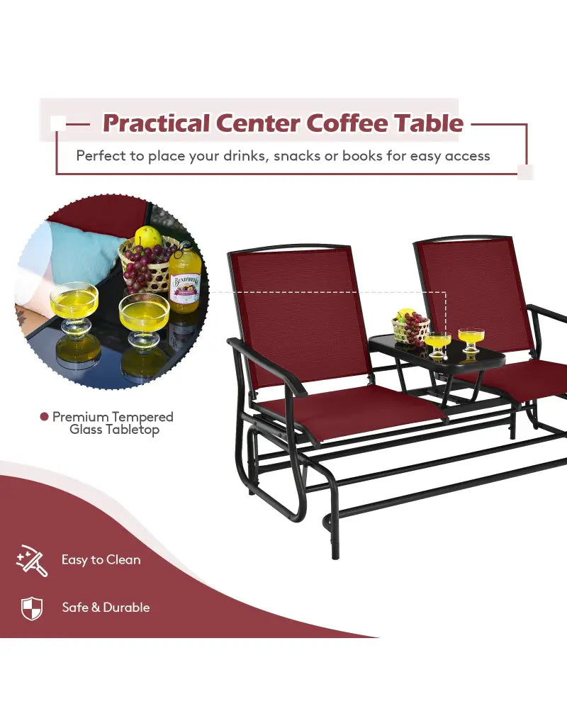 2-Person Double Rocking Loveseat with Mesh Fabric and Center Tempered Glass Table-Red - Red - Patio Conversation Sets