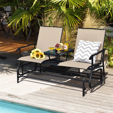 2-Person Double Rocking Loveseat with Mesh Fabric and Center Tempered Glass Table - Beige - Patio Conversation Sets