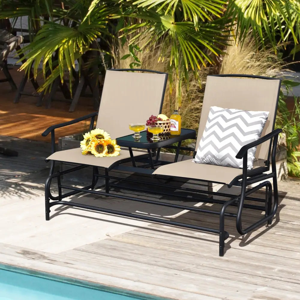 2-Person Double Rocking Loveseat with Mesh Fabric and Center Tempered Glass Table - Beige - Patio Conversation Sets