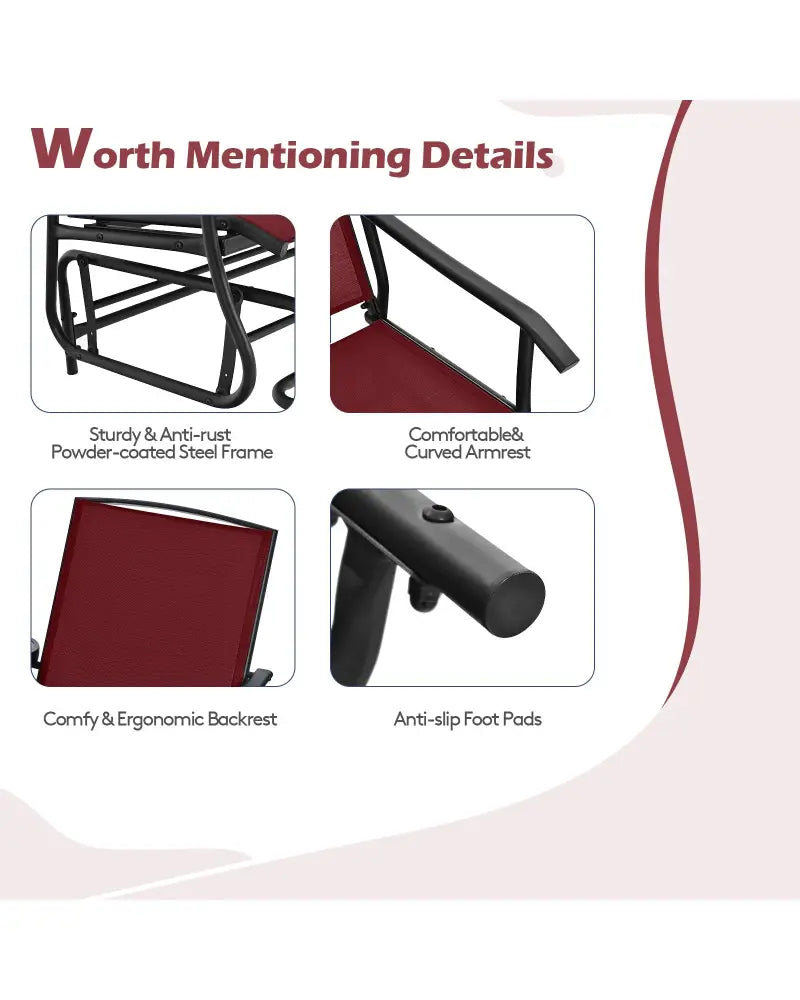 2-Person Double Rocking Loveseat with Mesh Fabric and Center Tempered Glass Table-Red - Red - Patio Conversation Sets