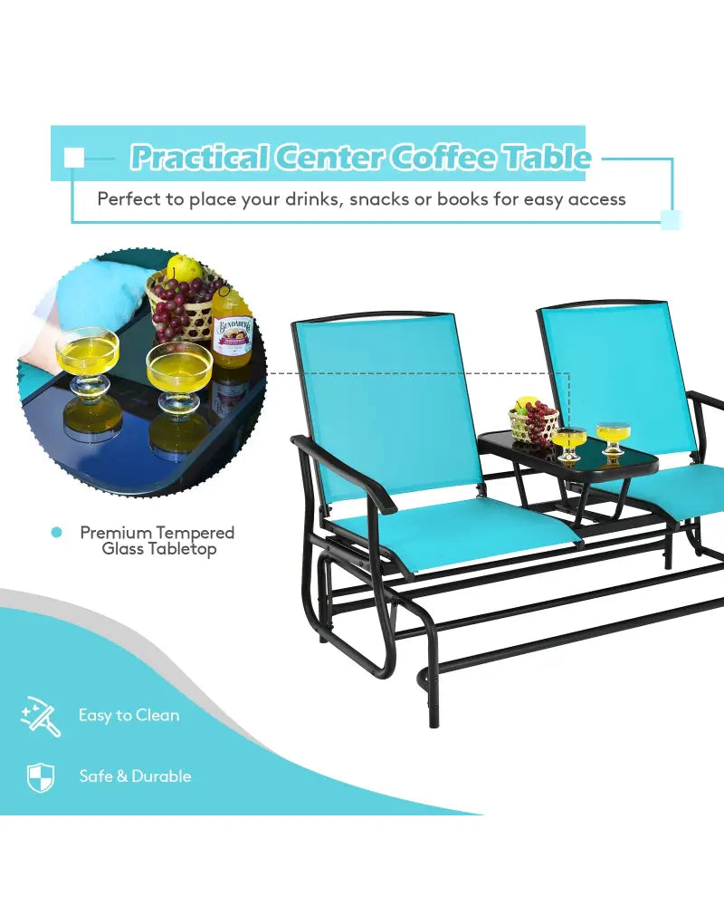2-Person Double Rocking Loveseat with Mesh Fabric and Center Tempered Glass Table-Turquoise - Turquoise - Patio