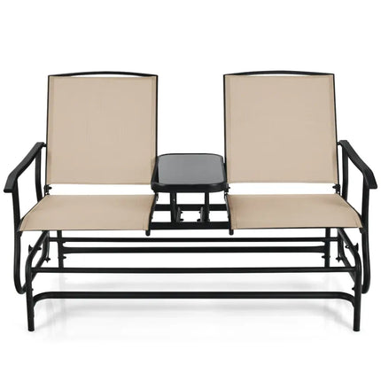 2-Person Double Rocking Loveseat with Mesh Fabric and Center Tempered Glass Table - Beige - Patio Conversation Sets