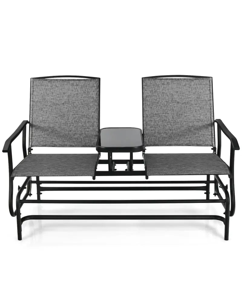 2-Person Double Rocking Loveseat with Mesh Fabric and Center Tempered Glass Table-Gray - Gray - Patio Conversation Sets