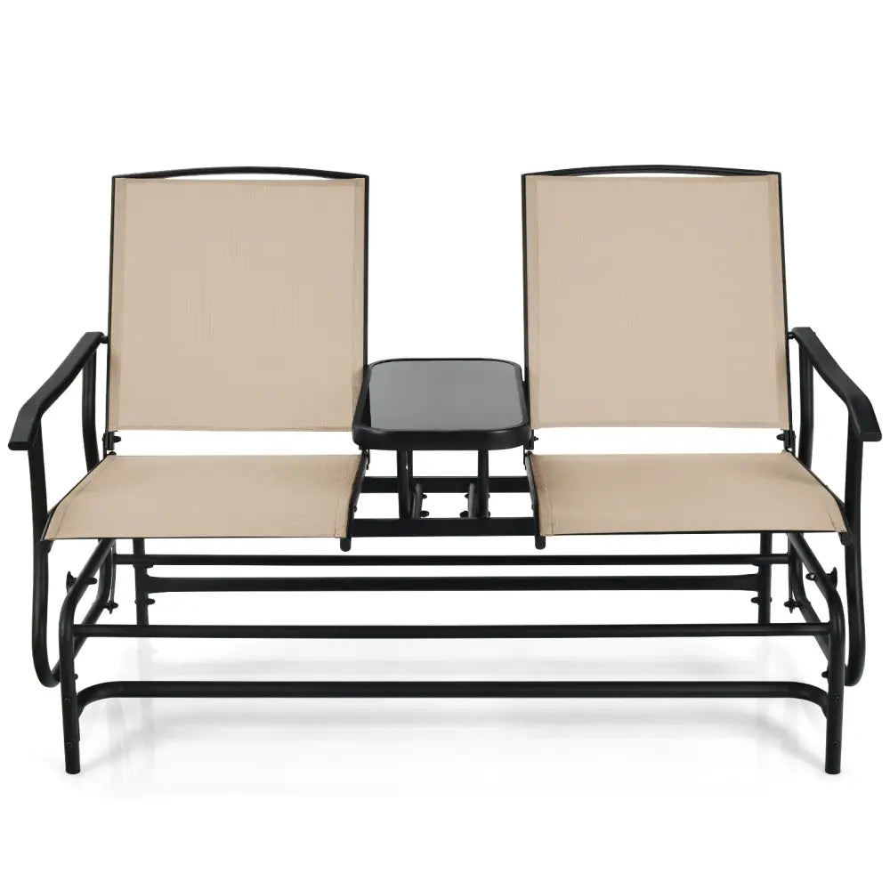 2-Person Double Rocking Loveseat with Mesh Fabric and Center Tempered Glass Table - Beige - Patio Conversation Sets