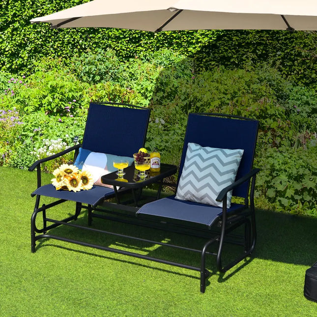2-Person Double Rocking Loveseat with Mesh Fabric and Center Tempered Glass Table-Navy - Navy - Patio Conversation Sets