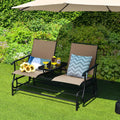 2-Person Double Rocking Loveseat with Mesh Fabric and Center Tempered Glass Table - Beige - Patio Conversation Sets