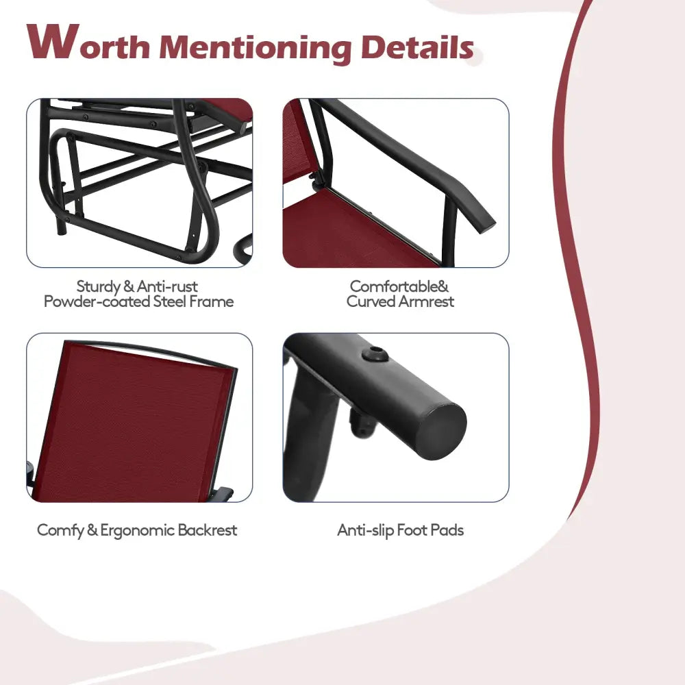 2-Person Double Rocking Loveseat with Mesh Fabric and Center Tempered Glass Table-Red - Red - Patio Conversation Sets