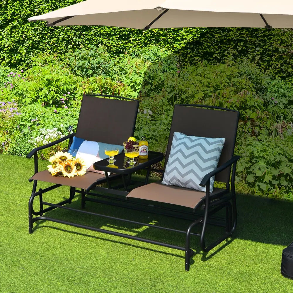2-Person Double Rocking Loveseat with Mesh Fabric and Center Tempered Glass Table-Brown - Brown - Patio Conversation