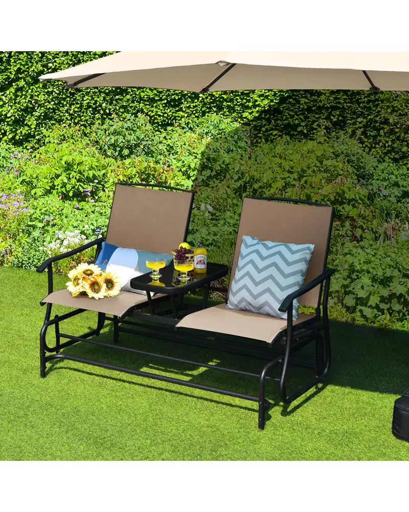 2-Person Double Rocking Loveseat with Mesh Fabric and Center Tempered Glass Table - Beige - Patio Conversation Sets