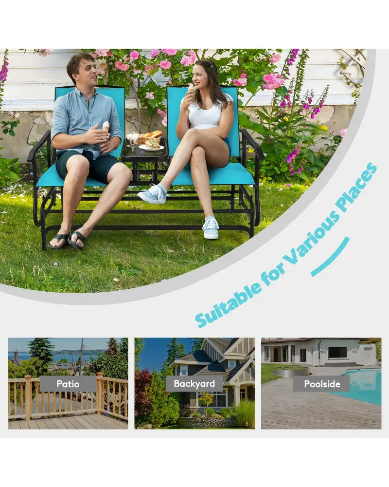 2-Person Double Rocking Loveseat with Mesh Fabric and Center Tempered Glass Table-Turquoise - Turquoise - Patio