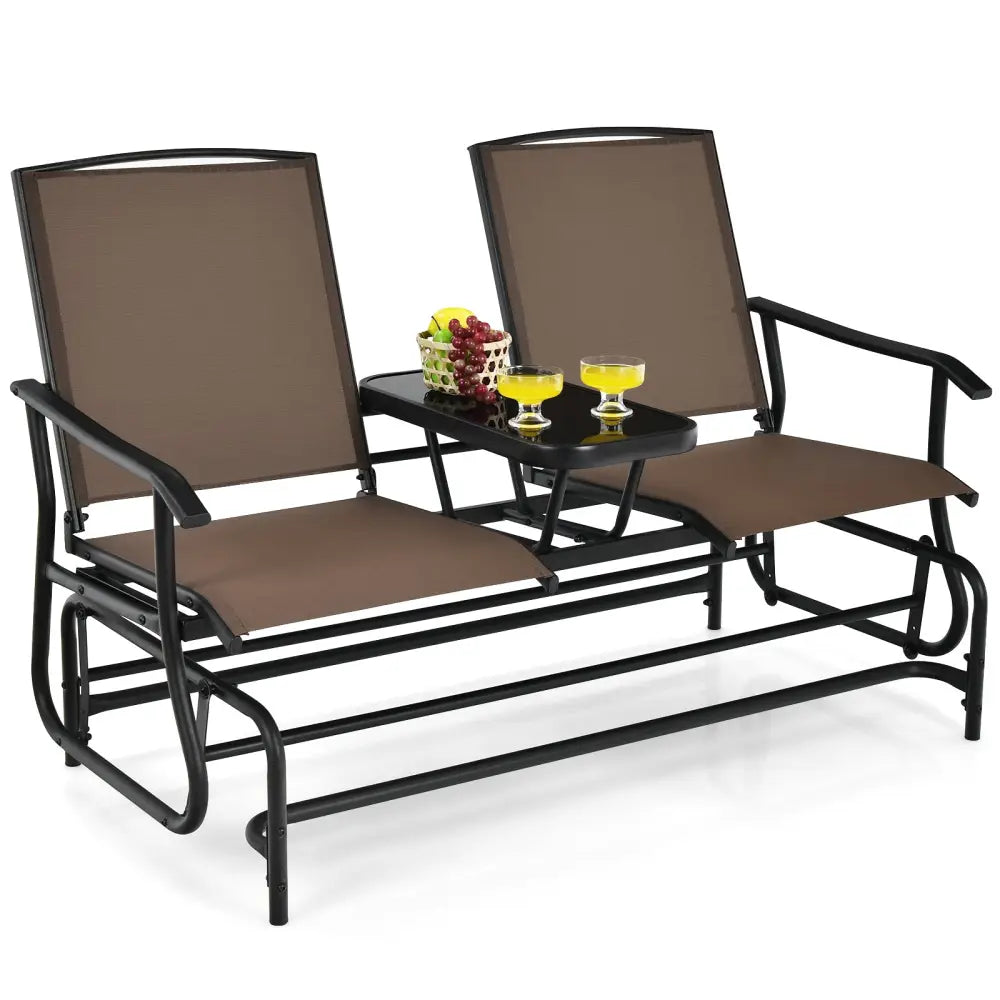 2-Person Double Rocking Loveseat with Mesh Fabric and Center Tempered Glass Table-Brown - Brown - Patio Conversation