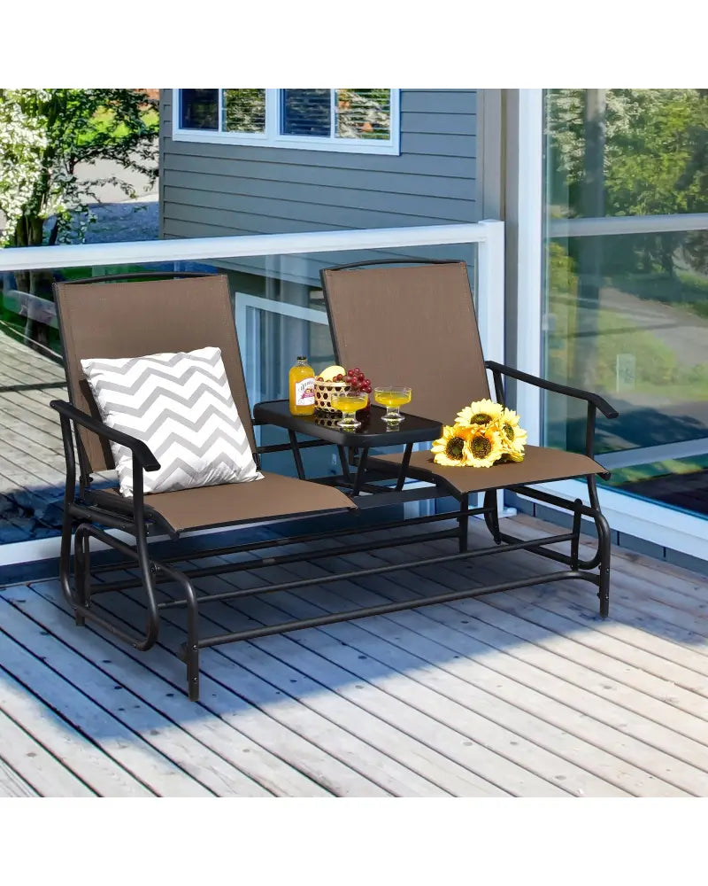 2-Person Double Rocking Loveseat with Mesh Fabric and Center Tempered Glass Table-Brown - Brown - Patio Conversation