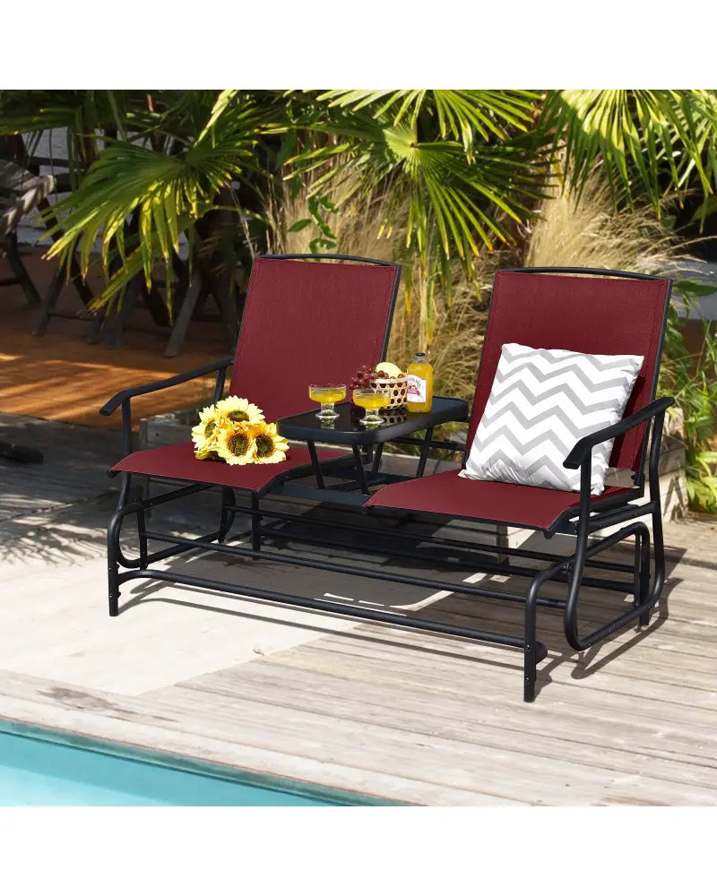 2-Person Double Rocking Loveseat with Mesh Fabric and Center Tempered Glass Table-Red - Red - Patio Conversation Sets