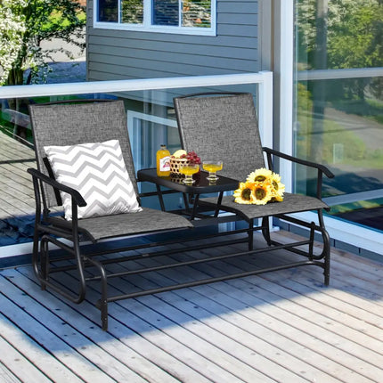 2-Person Double Rocking Loveseat with Mesh Fabric and Center Tempered Glass Table-Gray - Gray - Patio Conversation Sets