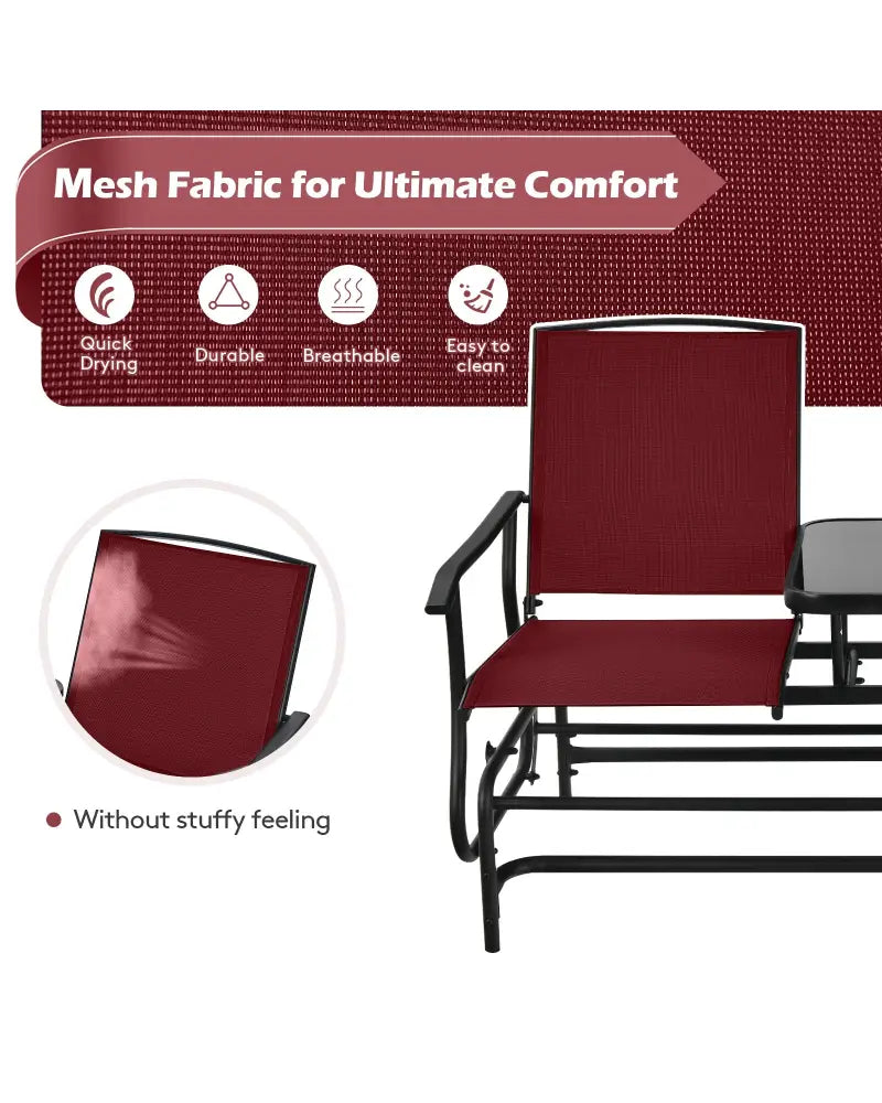2-Person Double Rocking Loveseat with Mesh Fabric and Center Tempered Glass Table-Red - Red - Patio Conversation Sets