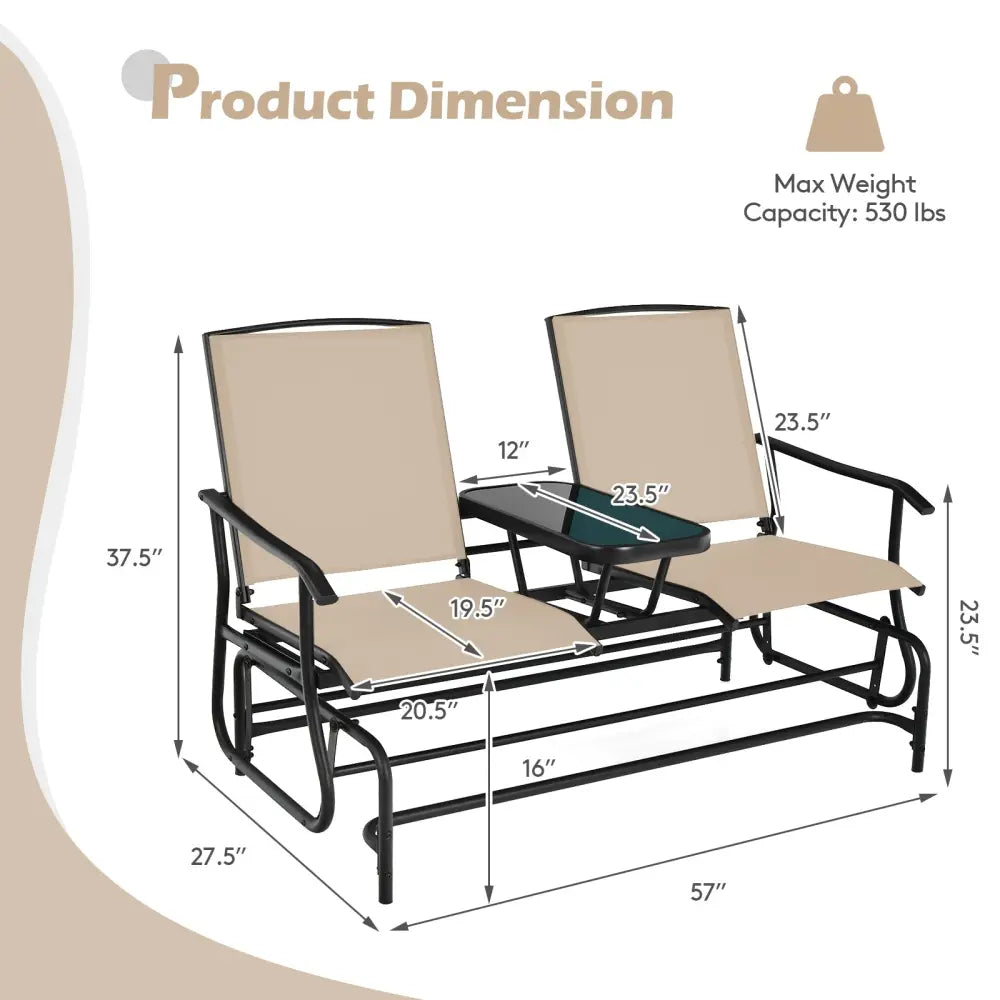 2-Person Double Rocking Loveseat with Mesh Fabric and Center Tempered Glass Table - Beige - Patio Conversation Sets
