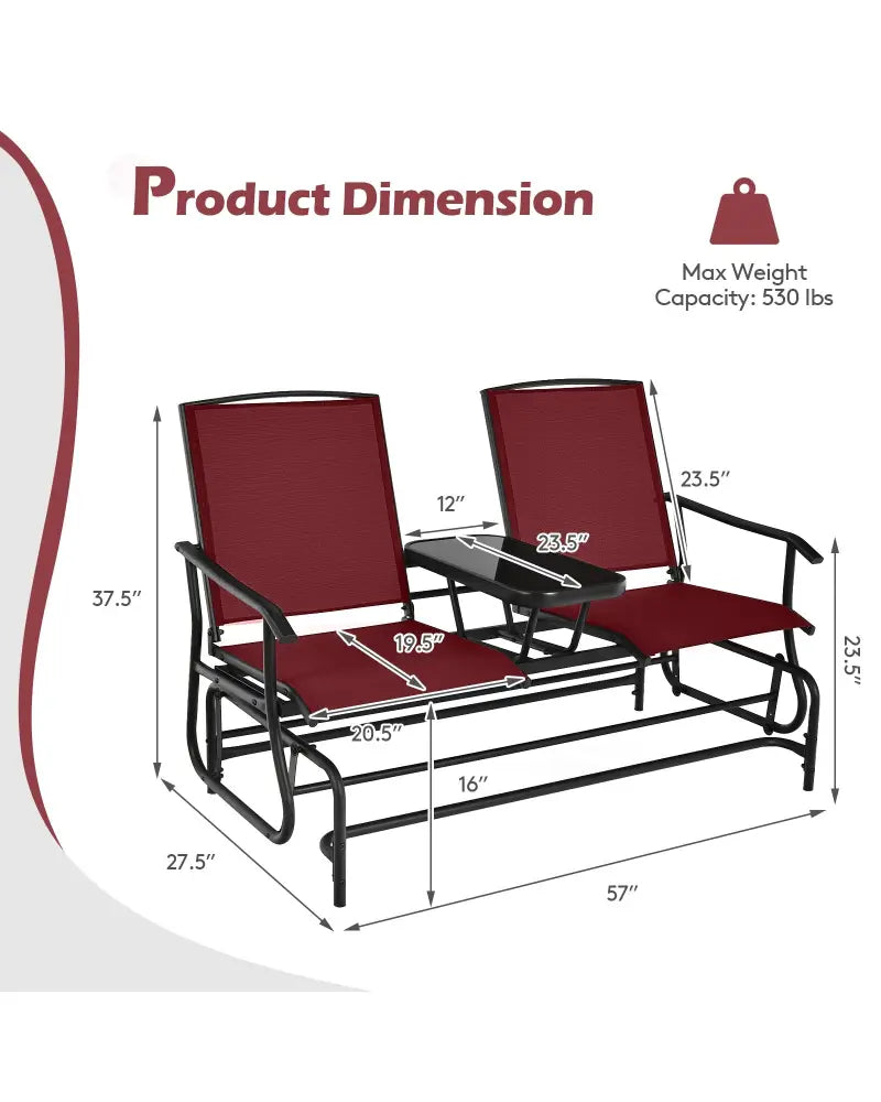 2-Person Double Rocking Loveseat with Mesh Fabric and Center Tempered Glass Table-Red - Red - Patio Conversation Sets