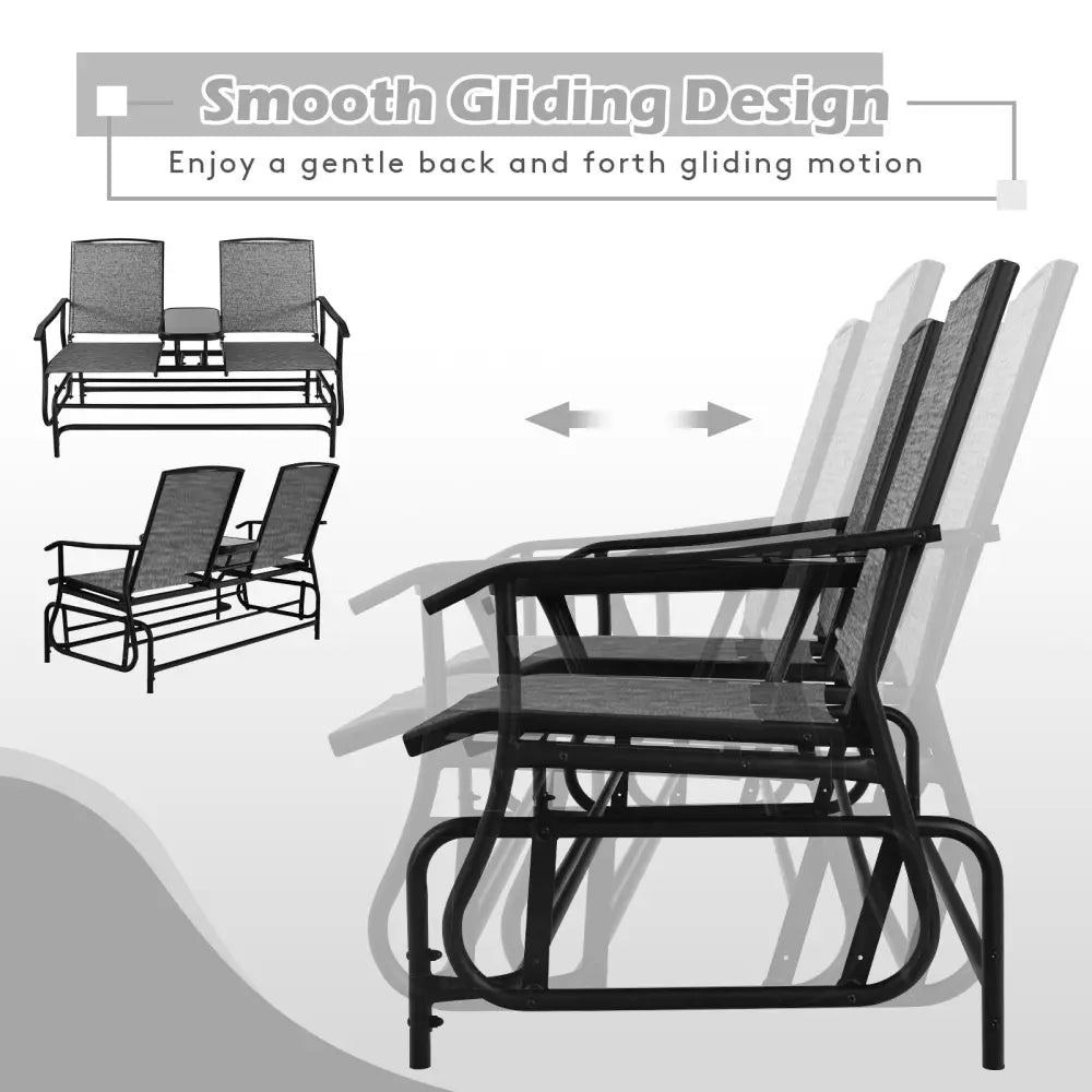 2-Person Double Rocking Loveseat with Mesh Fabric and Center Tempered Glass Table-Gray - Gray - Patio Conversation Sets