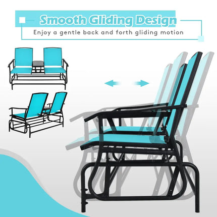 2-Person Double Rocking Loveseat with Mesh Fabric and Center Tempered Glass Table-Turquoise - Turquoise - Patio