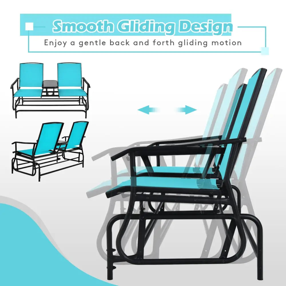 2-Person Double Rocking Loveseat with Mesh Fabric and Center Tempered Glass Table-Turquoise - Turquoise - Patio