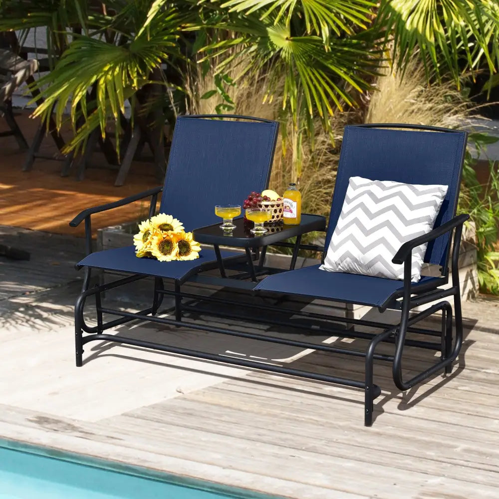 2-Person Double Rocking Loveseat with Mesh Fabric and Center Tempered Glass Table-Navy - Navy - Patio Conversation Sets