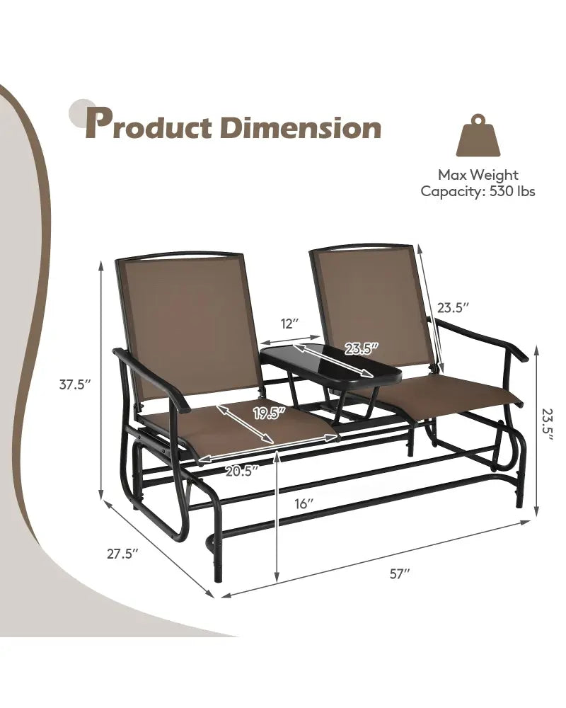 2-Person Double Rocking Loveseat with Mesh Fabric and Center Tempered Glass Table-Brown - Brown - Patio Conversation