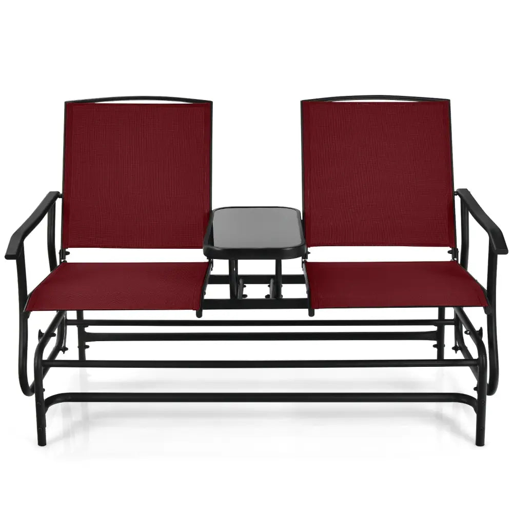 2-Person Double Rocking Loveseat with Mesh Fabric and Center Tempered Glass Table-Red - Red - Patio Conversation Sets