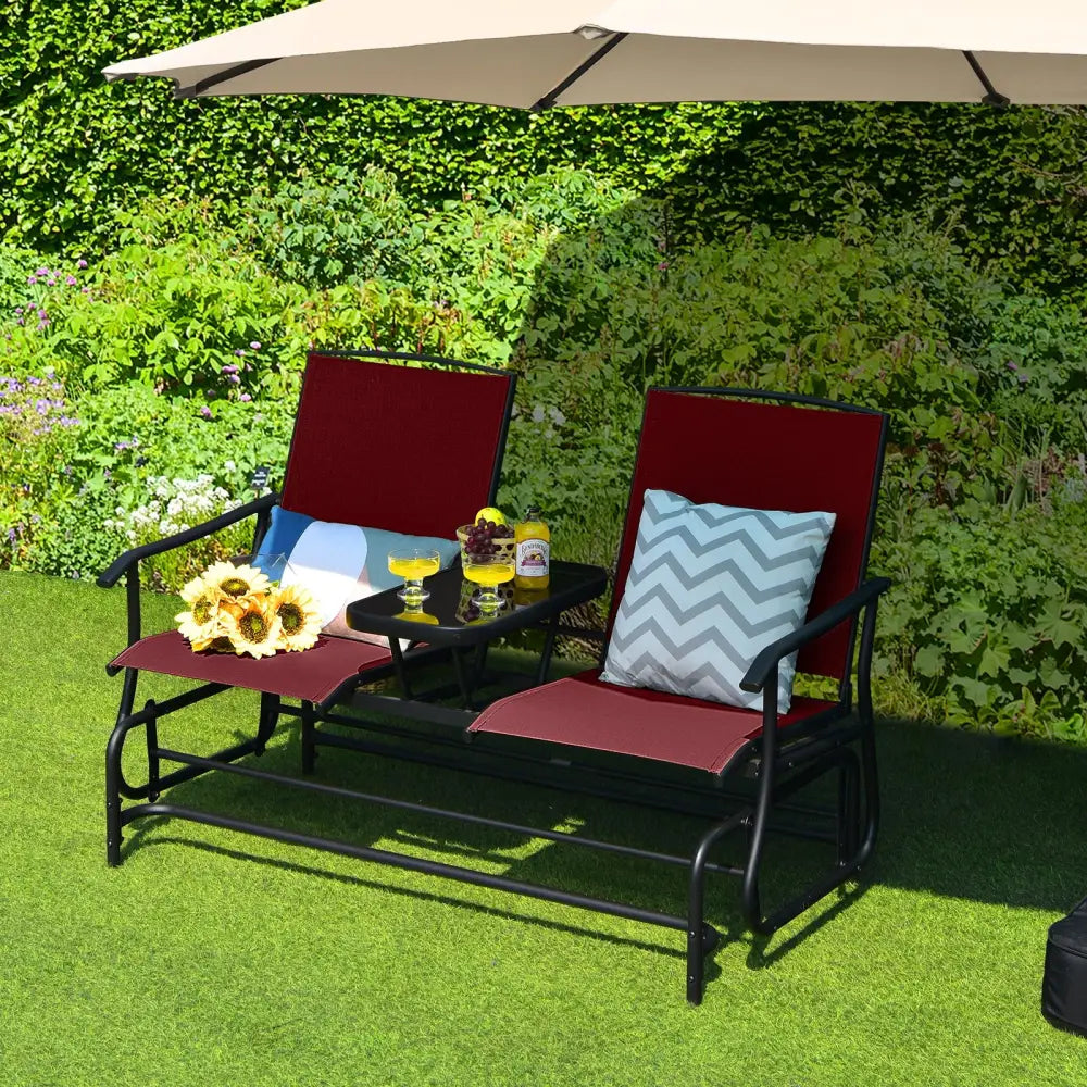 2-Person Double Rocking Loveseat with Mesh Fabric and Center Tempered Glass Table-Red - Red - Patio Conversation Sets