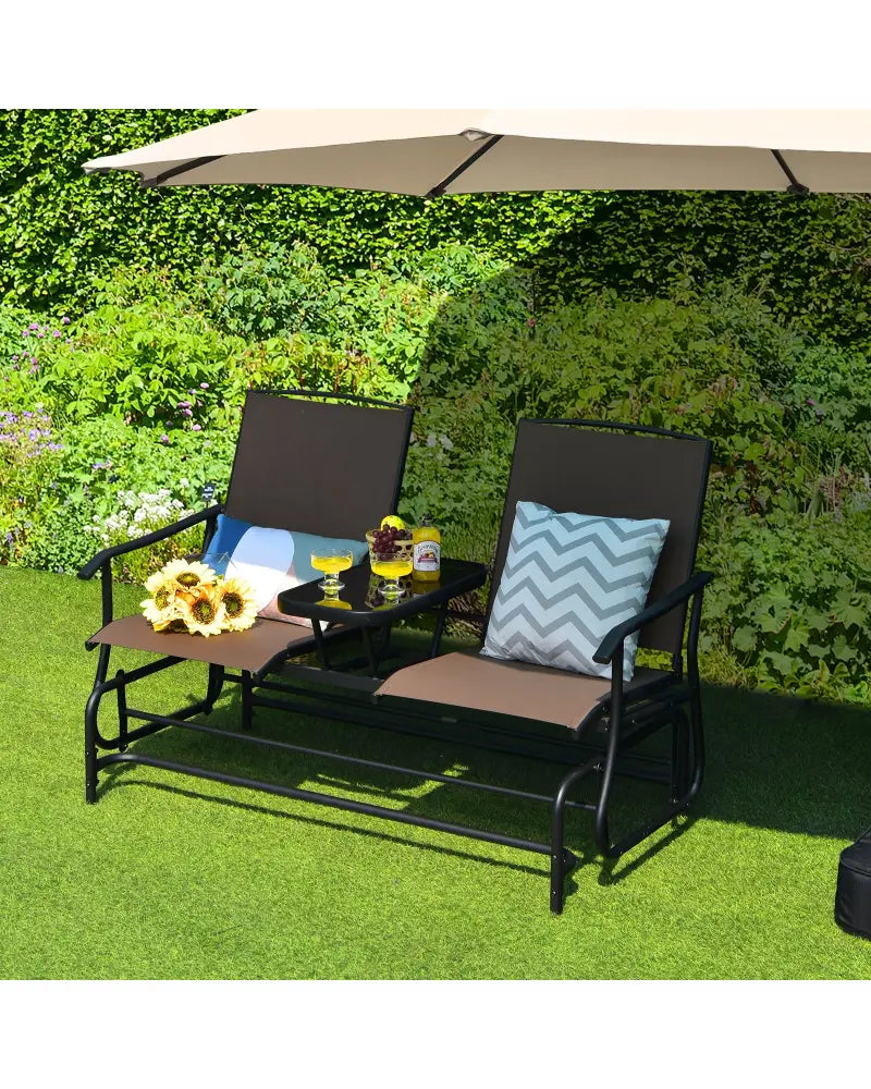 2-Person Double Rocking Loveseat with Mesh Fabric and Center Tempered Glass Table-Brown - Brown - Patio Conversation