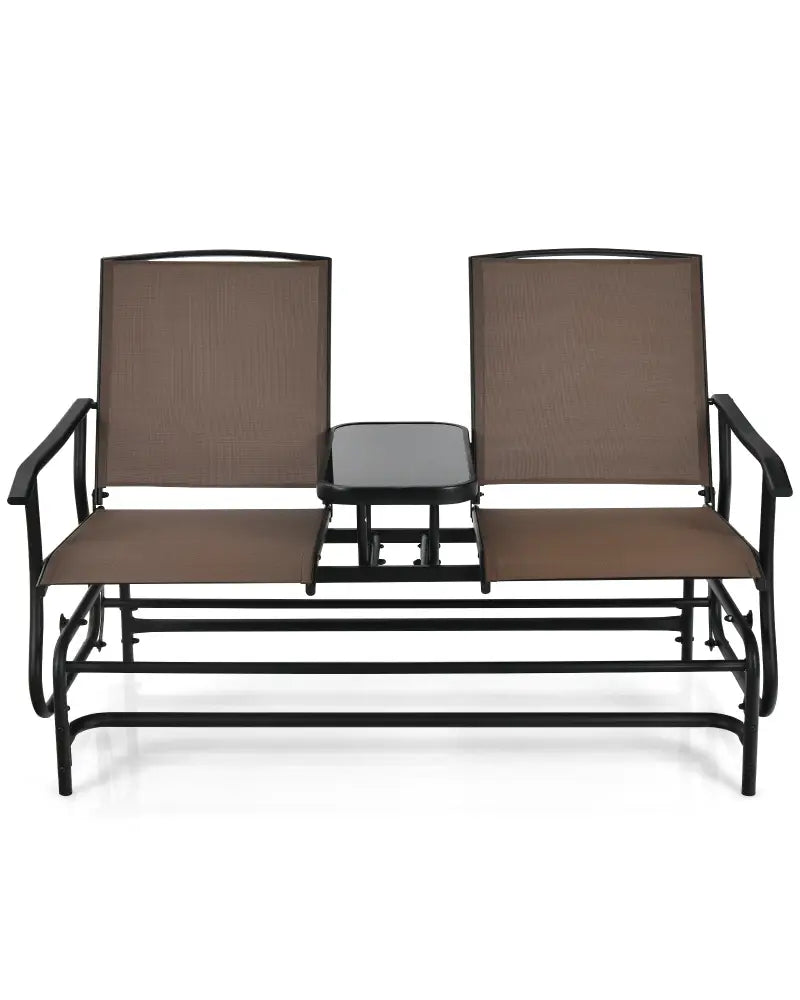 2-Person Double Rocking Loveseat with Mesh Fabric and Center Tempered Glass Table-Brown - Brown - Patio Conversation