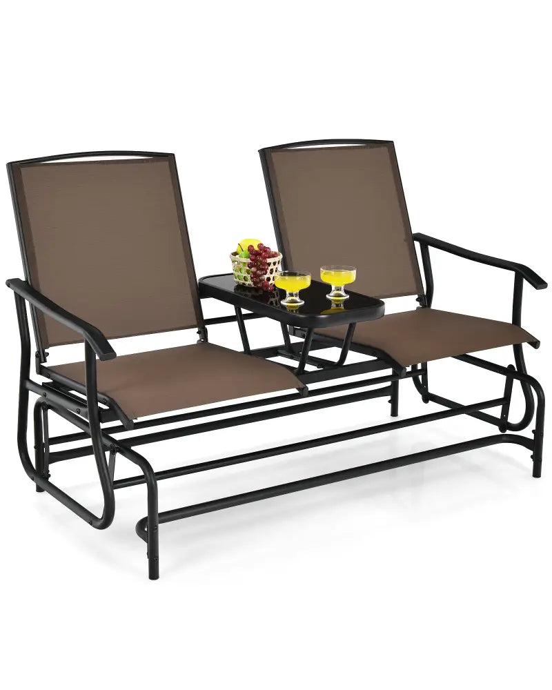 2-Person Double Rocking Loveseat with Mesh Fabric and Center Tempered Glass Table-Brown - Brown - Patio Conversation