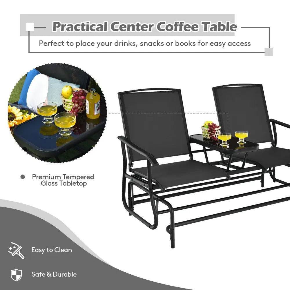 2-Person Double Rocking Loveseat with Mesh Fabric and Center Tempered Glass Table-Black - Black - Patio Conversation