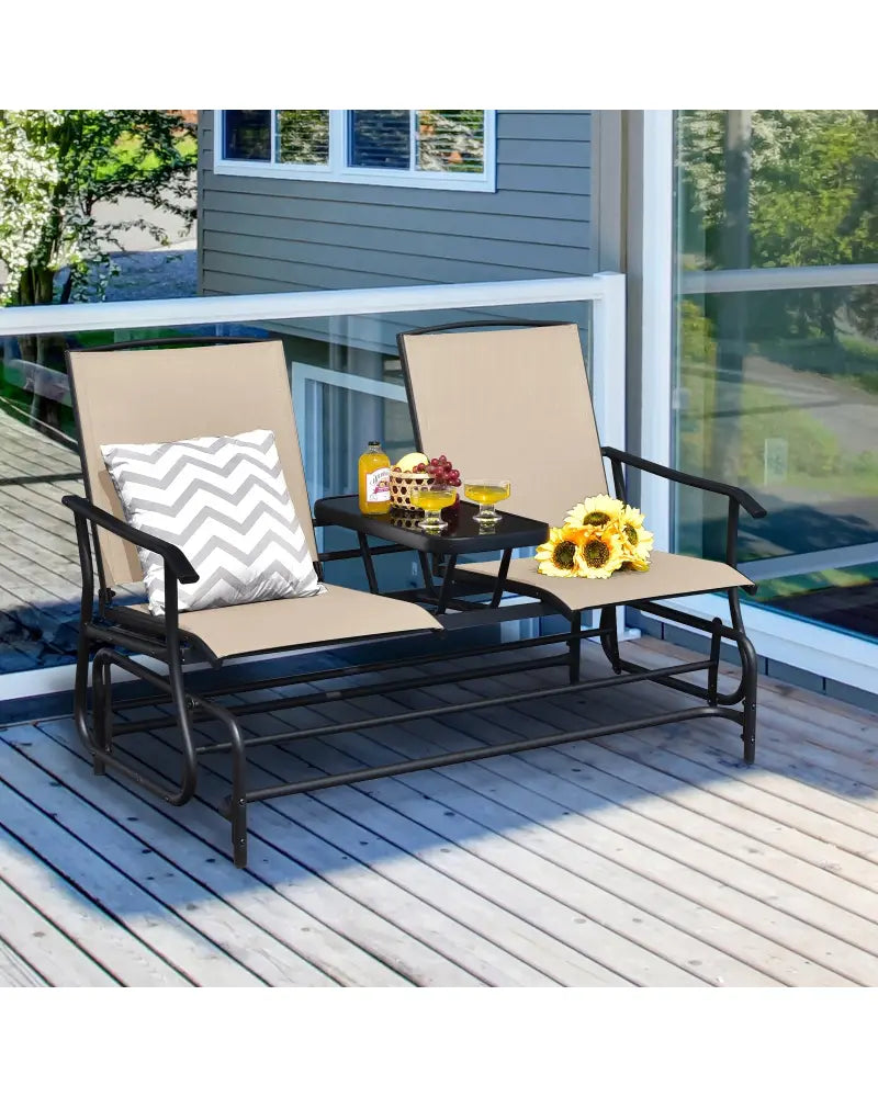 2-Person Double Rocking Loveseat with Mesh Fabric and Center Tempered Glass Table - Beige - Patio Conversation Sets