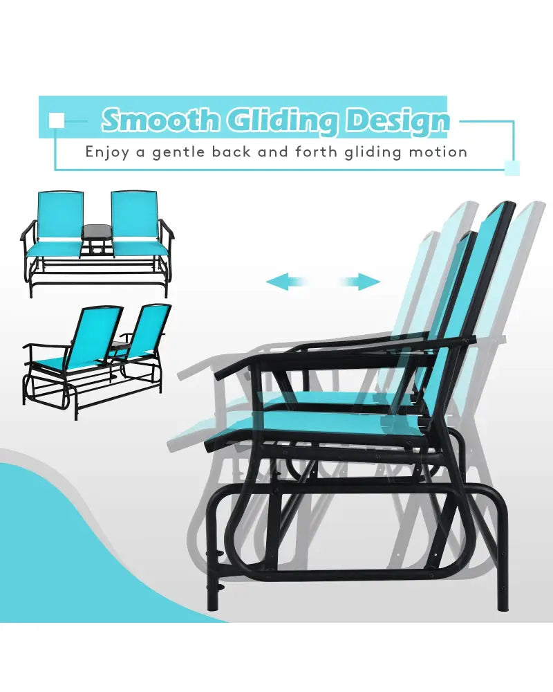 2-Person Double Rocking Loveseat with Mesh Fabric and Center Tempered Glass Table-Turquoise - Turquoise - Patio