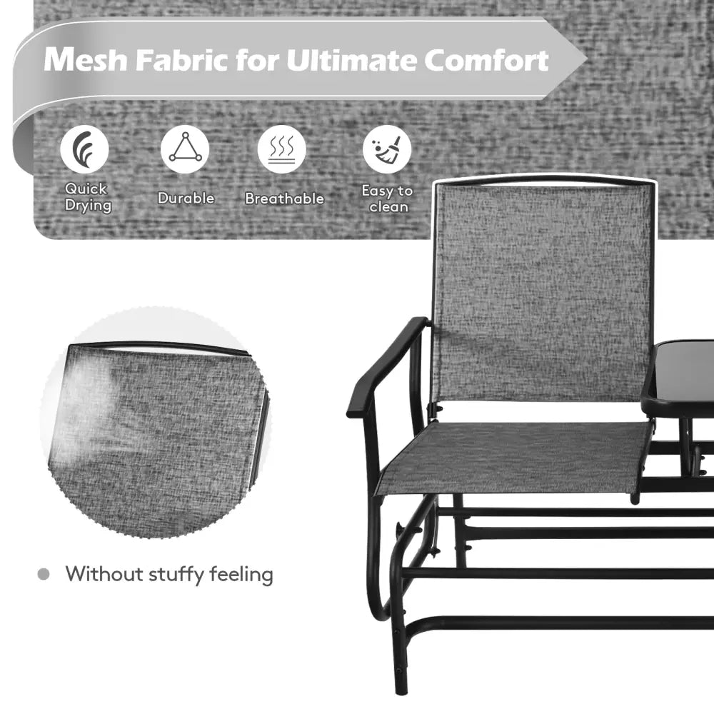 2-Person Double Rocking Loveseat with Mesh Fabric and Center Tempered Glass Table-Gray - Gray - Patio Conversation Sets