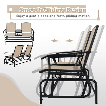 2-Person Double Rocking Loveseat with Mesh Fabric and Center Tempered Glass Table - Beige - Patio Conversation Sets