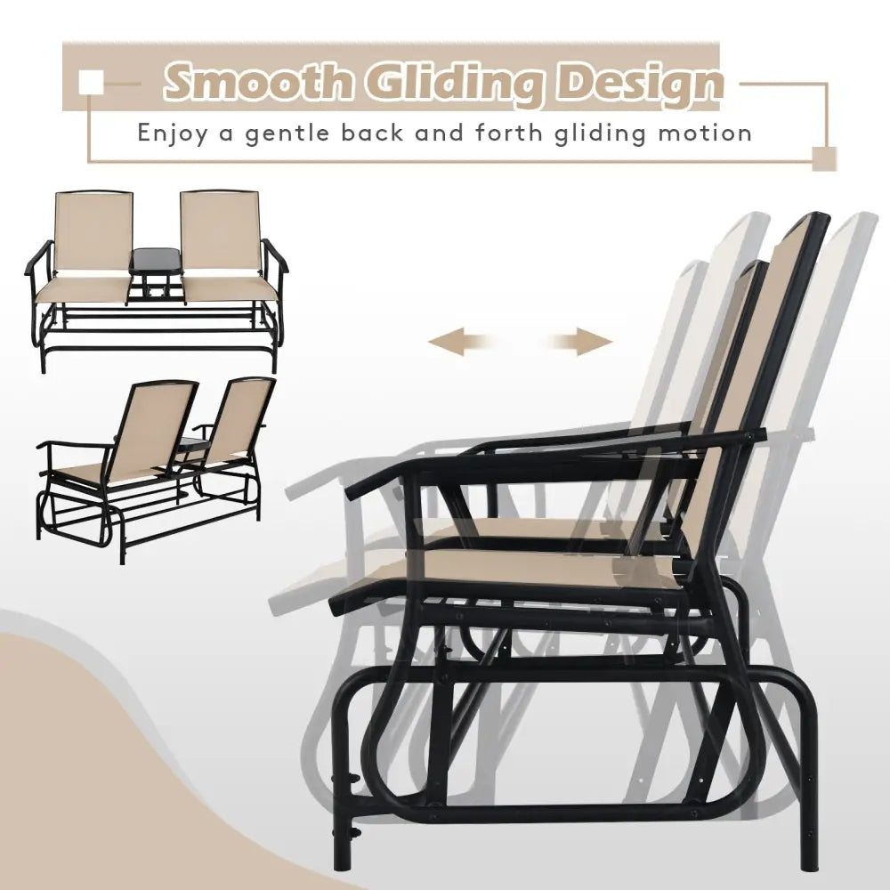 2-Person Double Rocking Loveseat with Mesh Fabric and Center Tempered Glass Table - Beige - Patio Conversation Sets