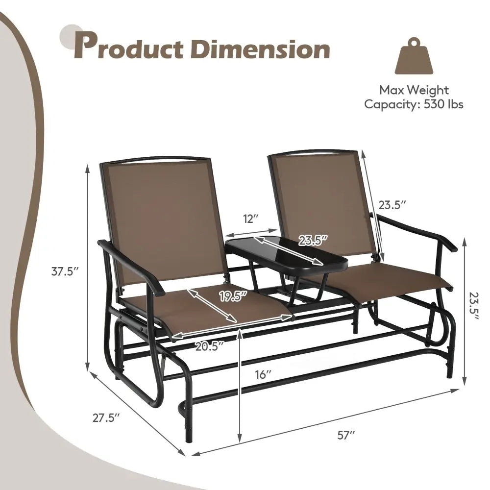 2-Person Double Rocking Loveseat with Mesh Fabric and Center Tempered Glass Table-Brown - Brown - Patio Conversation